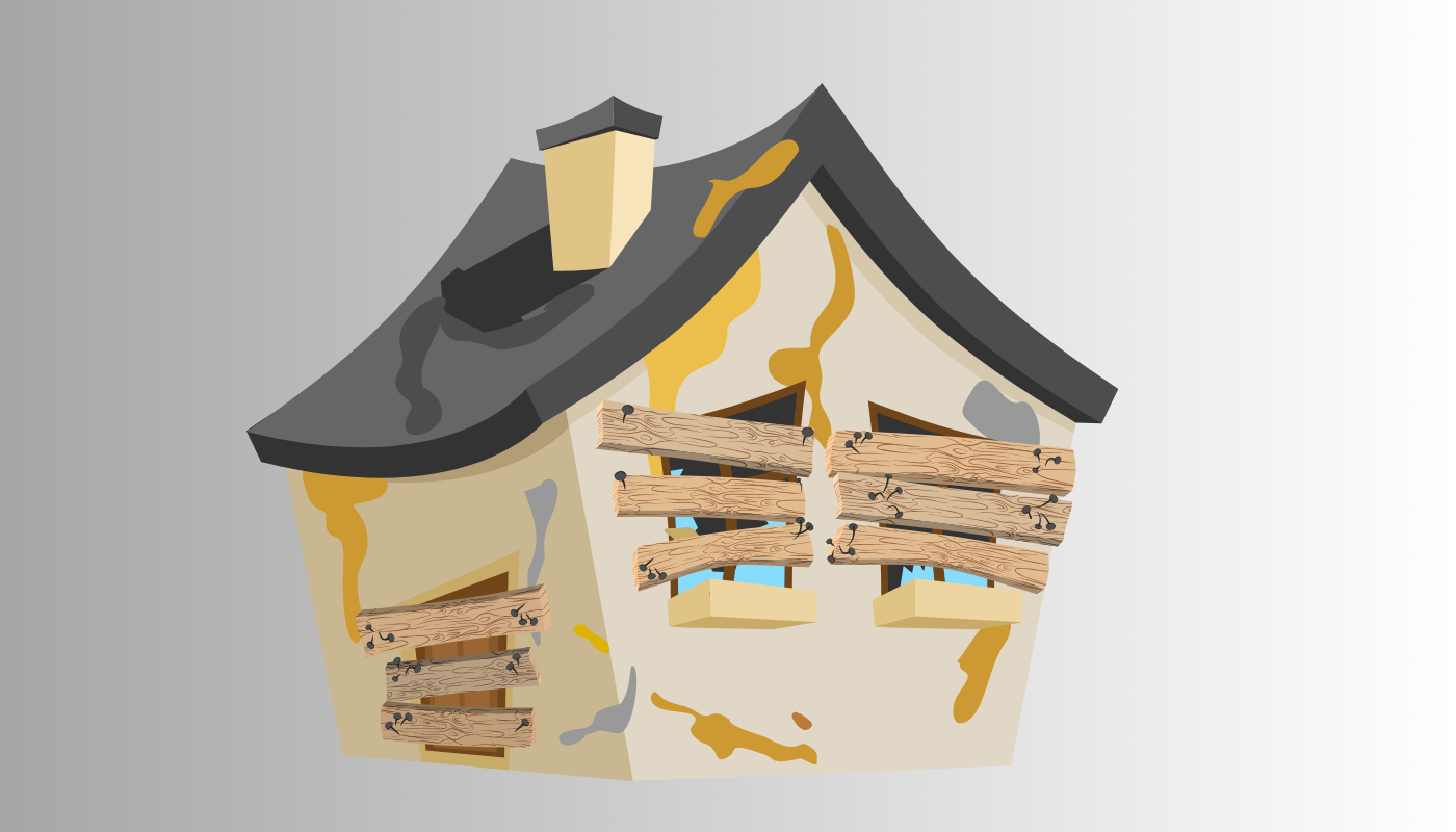 A cartoon illustration of a house with a black roof and broken windows.