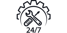 24/7 auto repair service icon with wrench and screwdriver inside a gear | Lee Rollins Firestone