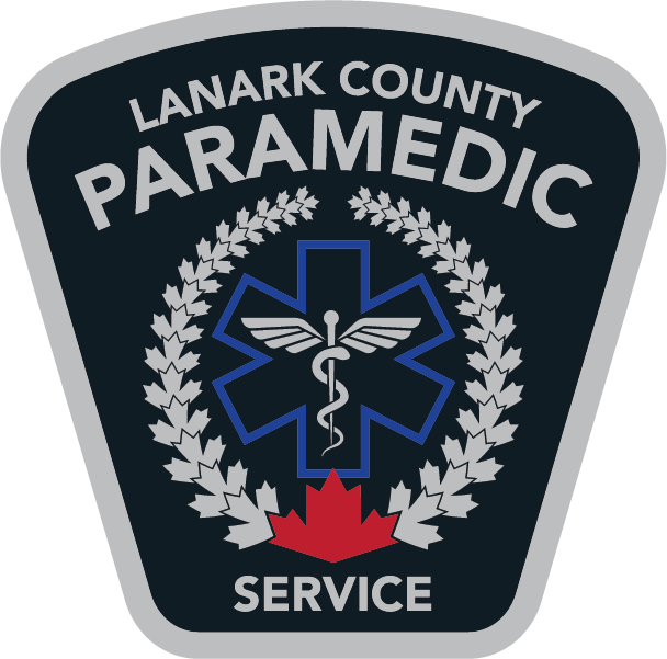 Lanark County Paramedic Service logo: black and silver shield with text, blue Star of Life, red maple leaf.