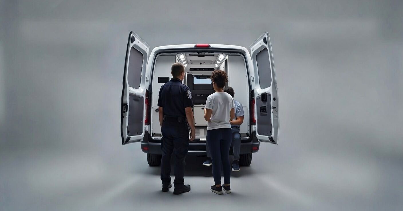 People standing at the back of a white van with open doors.