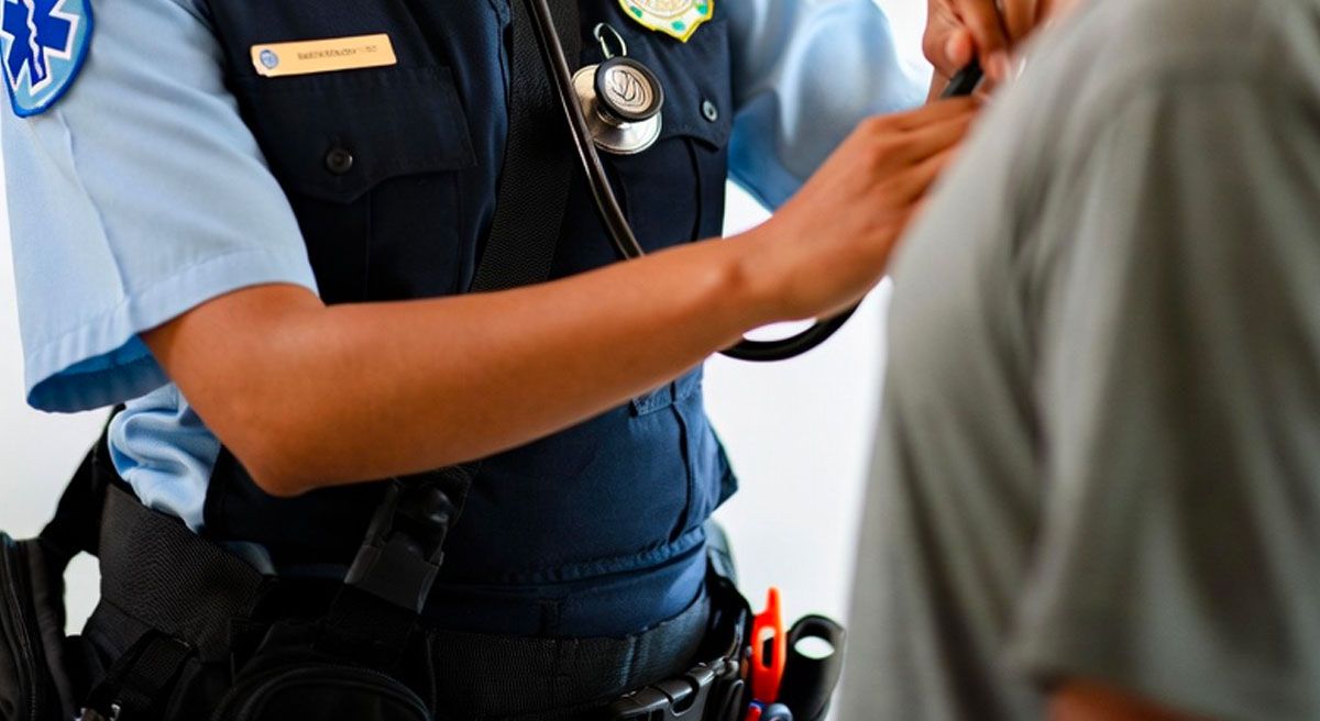 Paramedic using a stethoscope to listen to the chest of a patient.