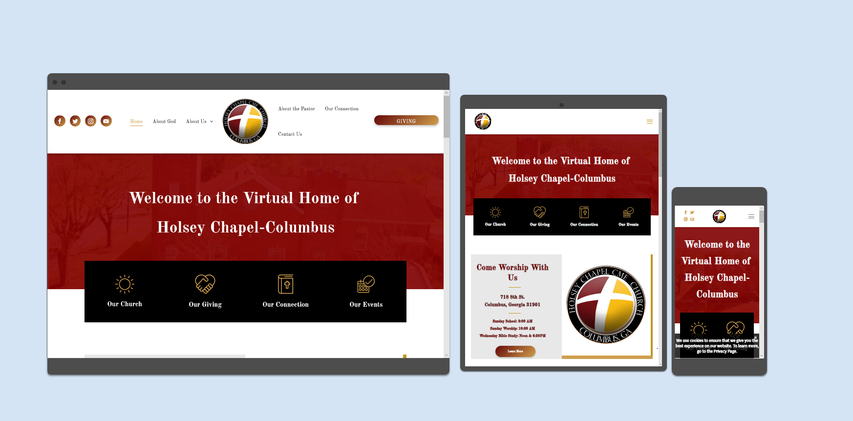 A website is displayed on a computer , tablet , and cell phone.