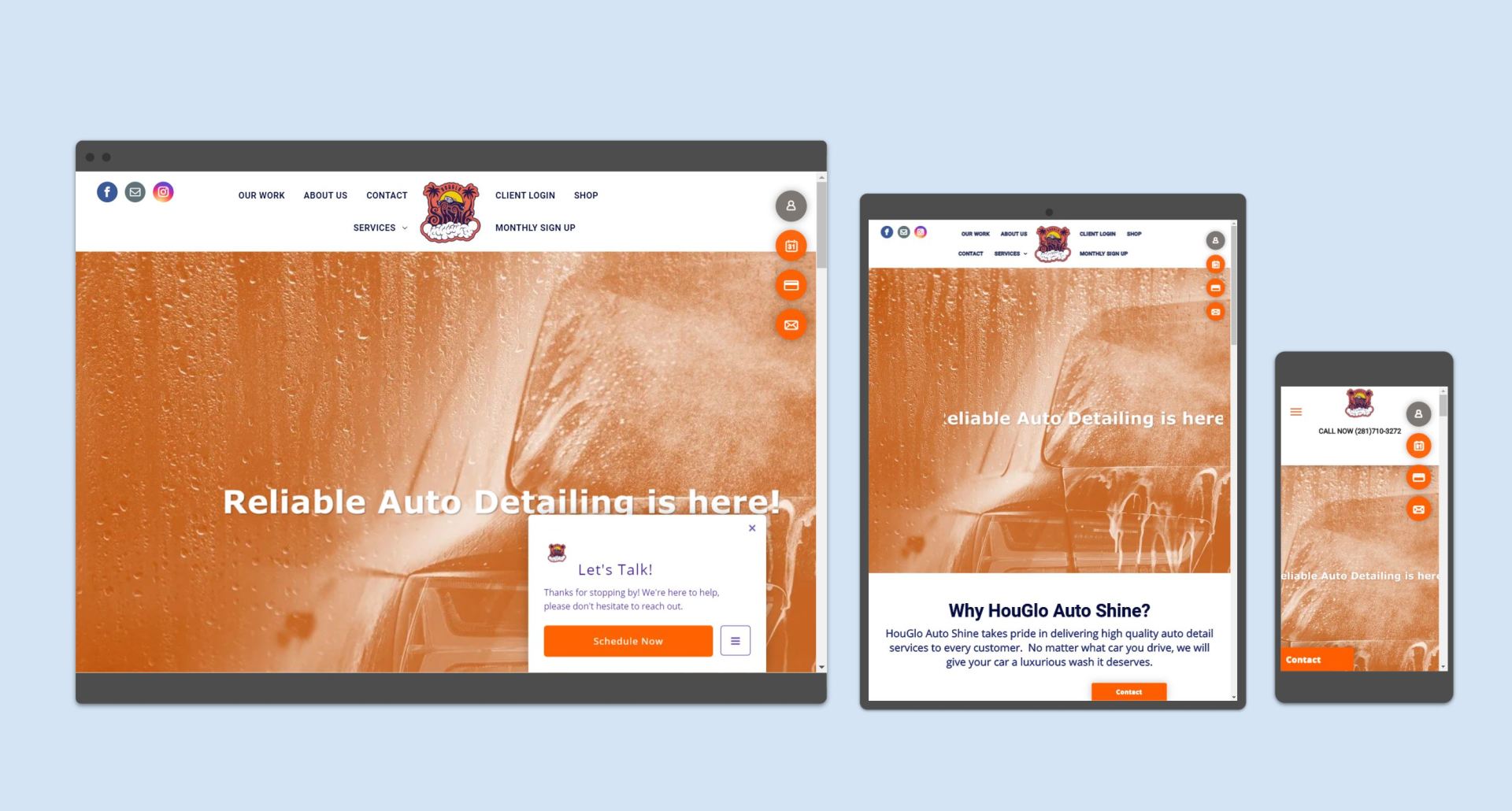 A website is displayed on a tablet and a phone