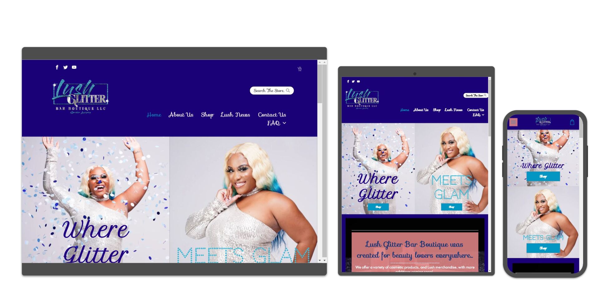 A woman is standing in front of a computer , tablet , and cell phone.