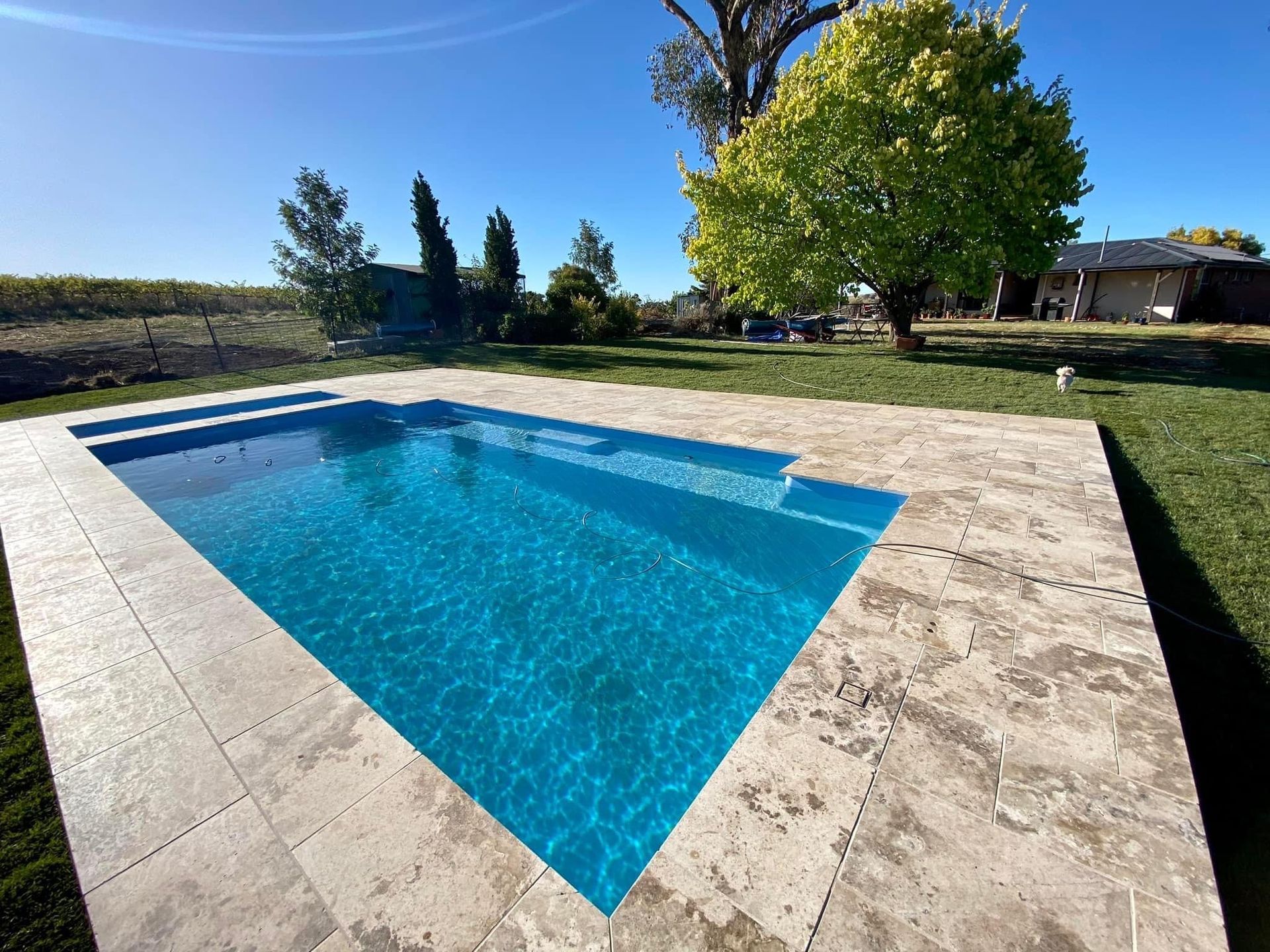 A rectangular pool with turquoise water, stone patio, green lawn, trees, and blue sky.