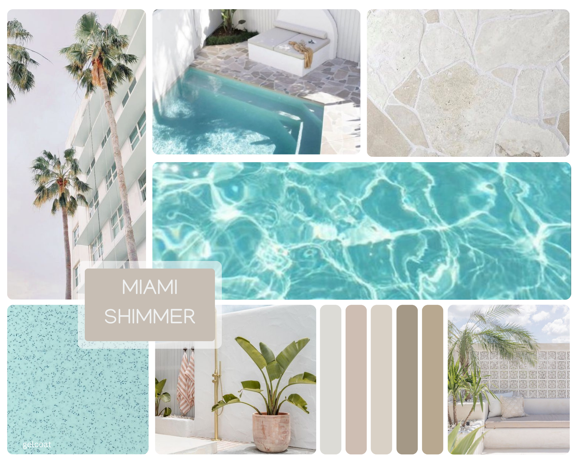 Miami shimmer mood board featuring turquoise water, palm trees, and neutral tones.