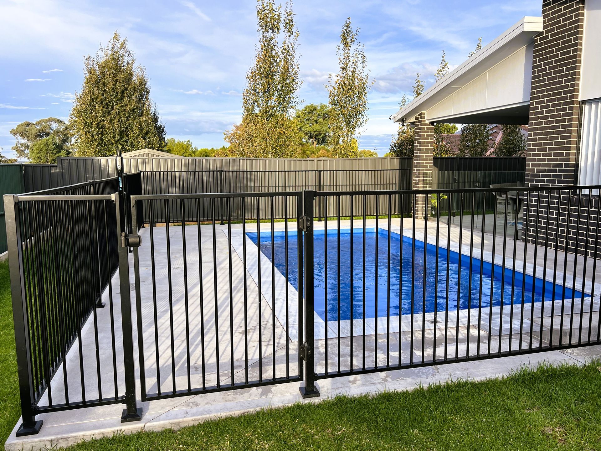 Black metal fence surrounds a blue rectangular pool in a backyard with green grass and a house.