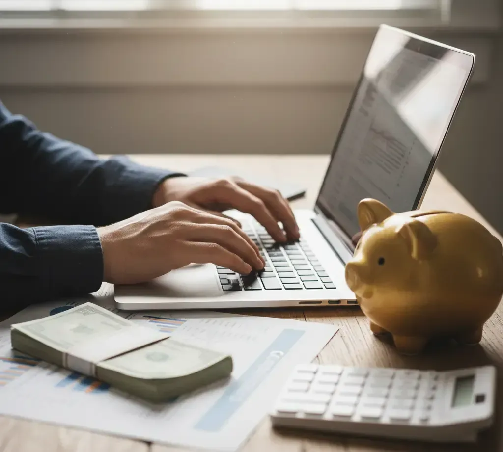 Person typing on laptop near piggy bank, cash, calculator, and financial documents.