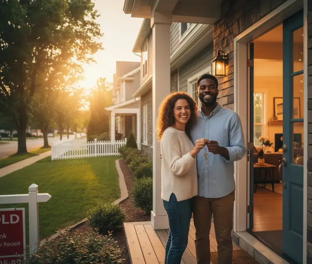 Couple holding keys, smiling in front of new home on a sunny day. 