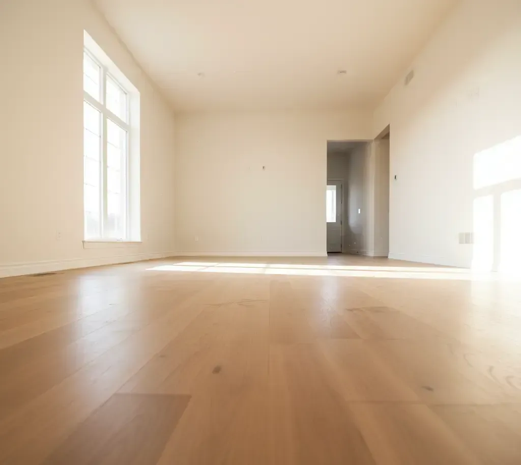 Empty room with hardwood floors, white walls, and a window letting in sunlight.