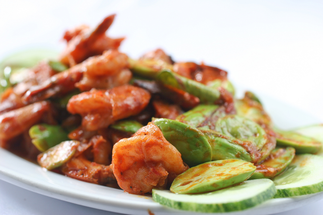 A delectable plate of sambal udang petai, cooked in Tea Garden sambal paste