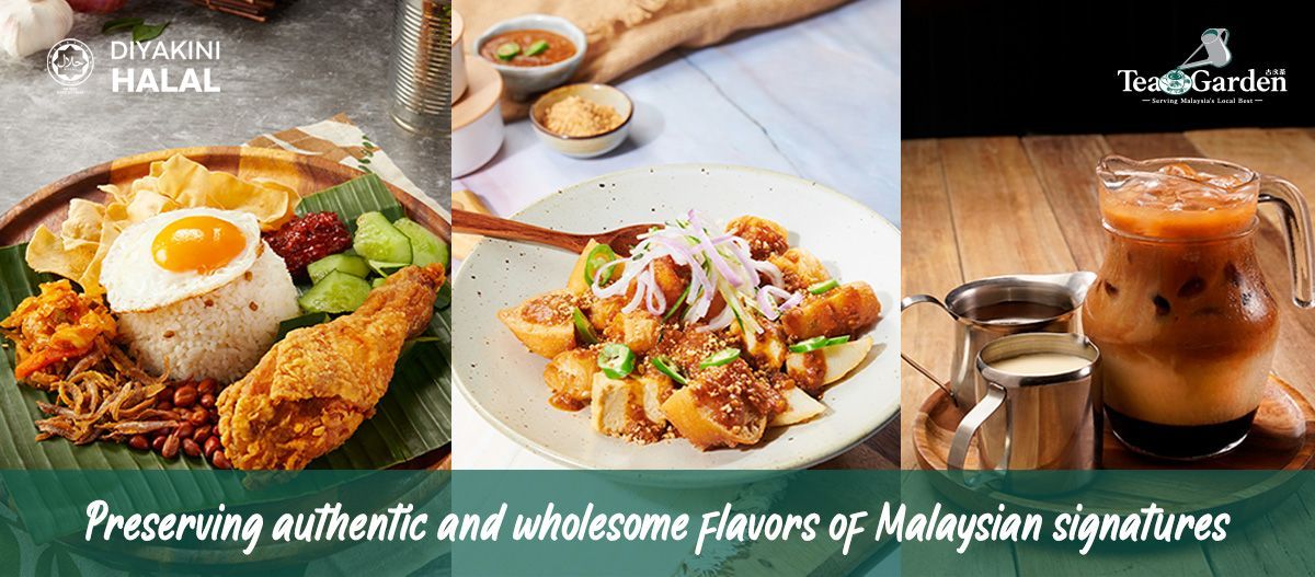 A trio of signature dishes - Nasi Lemak, Rojak and Hainanese Milk Tea, showcasing their vibrant colors and enticing textures