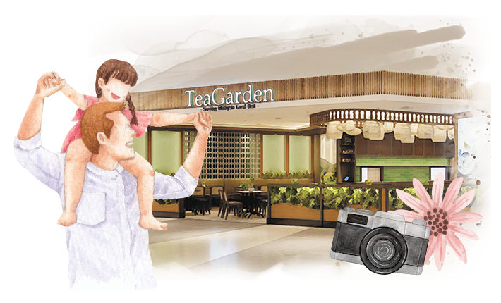  An illustration of a father and his daughter in front of Tea Garden, showing a heartwarming moment of bonding
