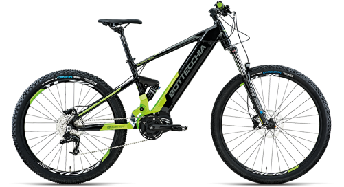 Una mountain bike elettrica nera e verde con un motore sulla ruota anteriore su uno sfondo bianco.