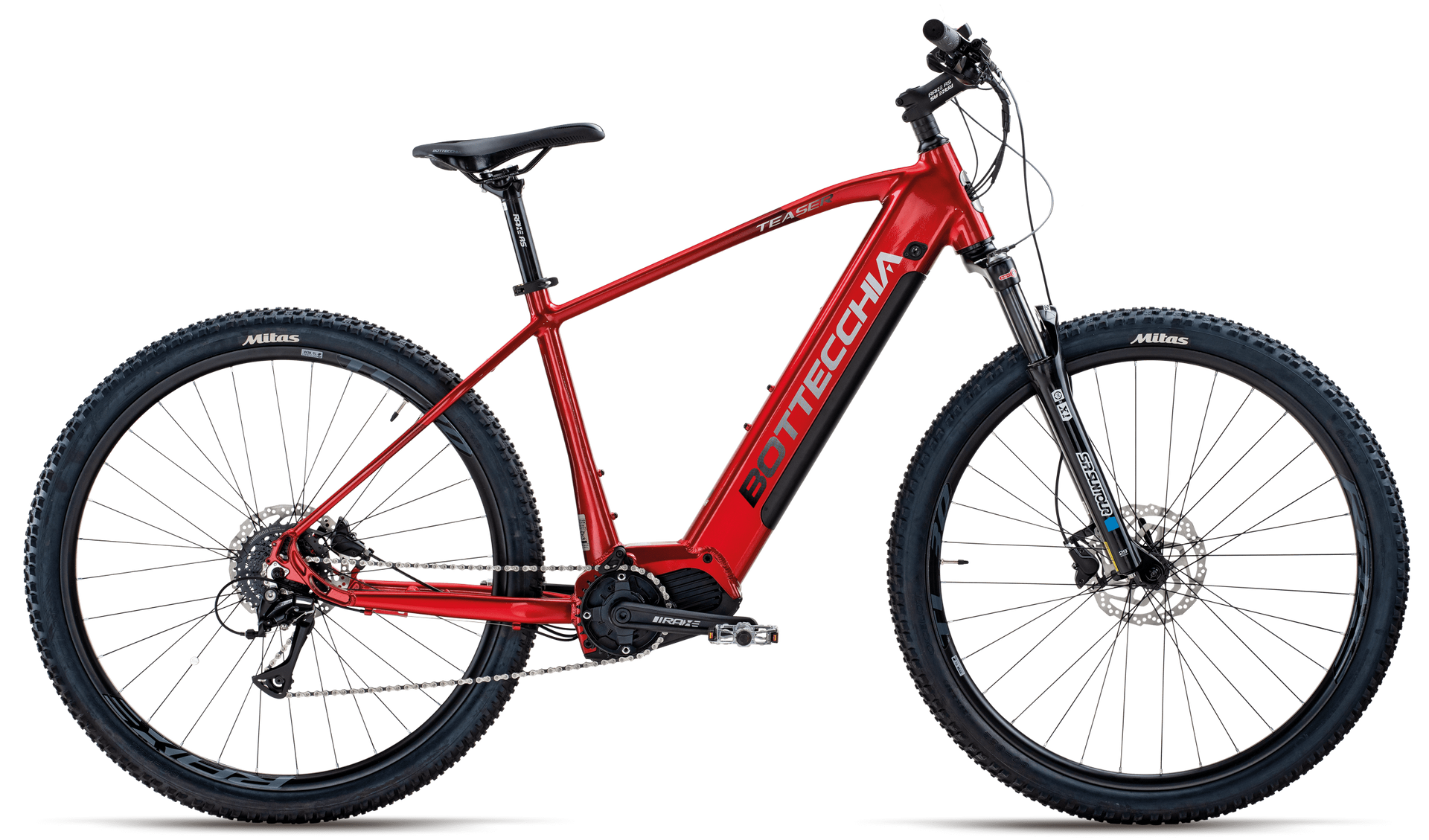 Una mountain bike elettrica rossa con un motore nella parte anteriore su uno sfondo bianco.