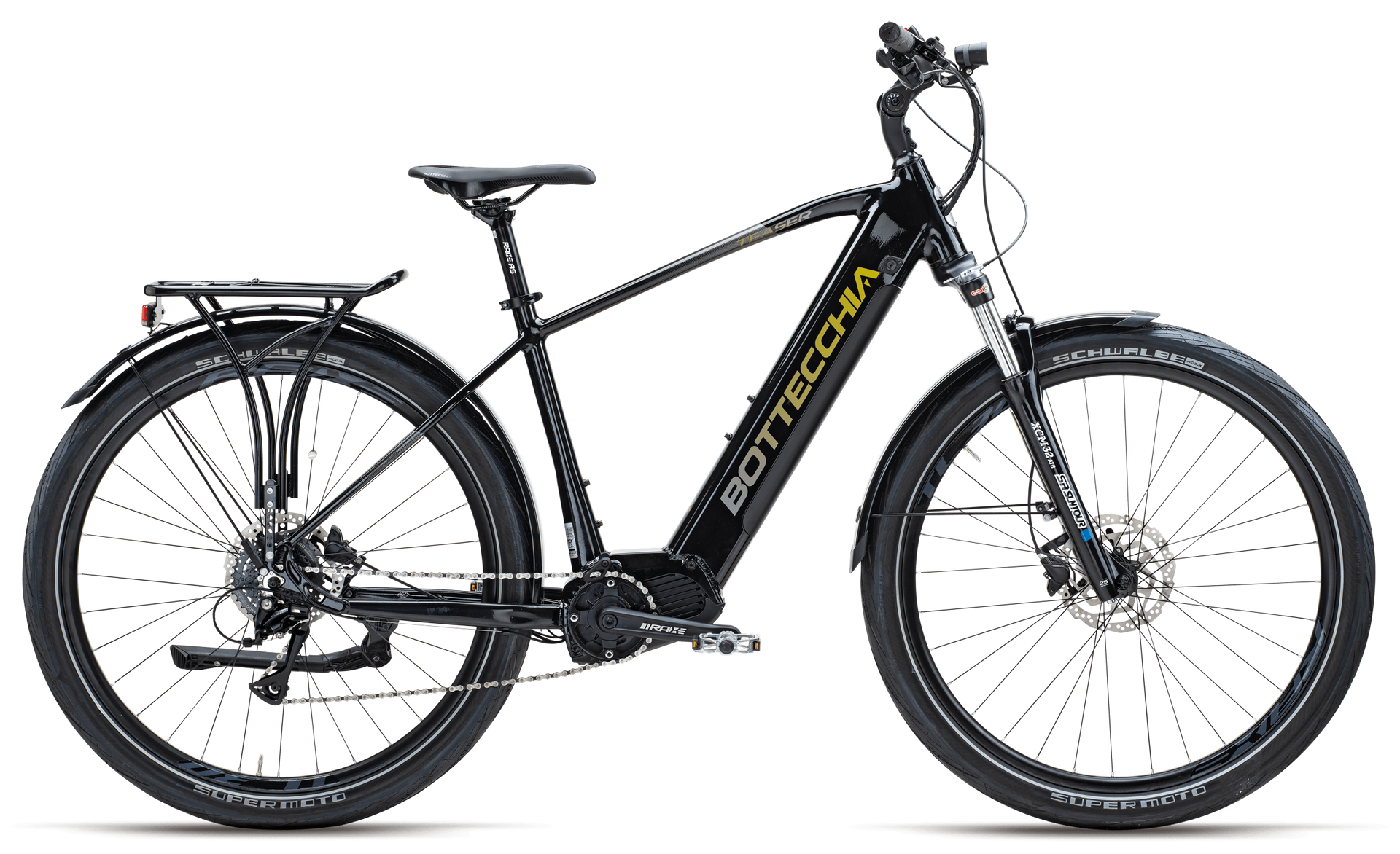 Una bicicletta elettrica nera e gialla con freno a disco su sfondo bianco.