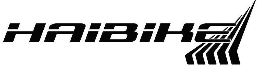Un logo in bianco e nero per haibike su sfondo bianco.