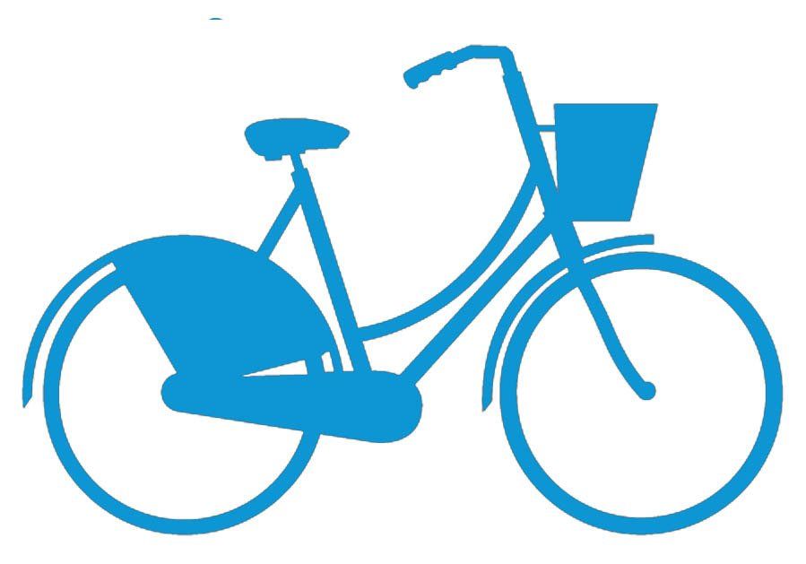 Una bicicletta blu con un cestino davanti