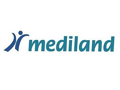 Il logo di Mediland è un logo blu e bianco con una persona al centro.