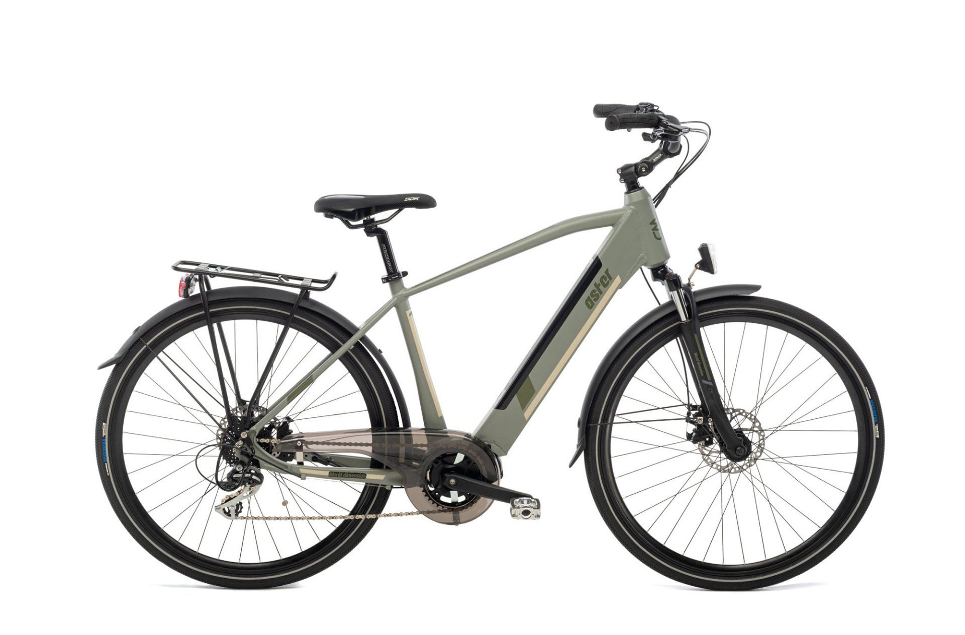 Una bicicletta elettrica verde con portapacchi posteriore su sfondo bianco.