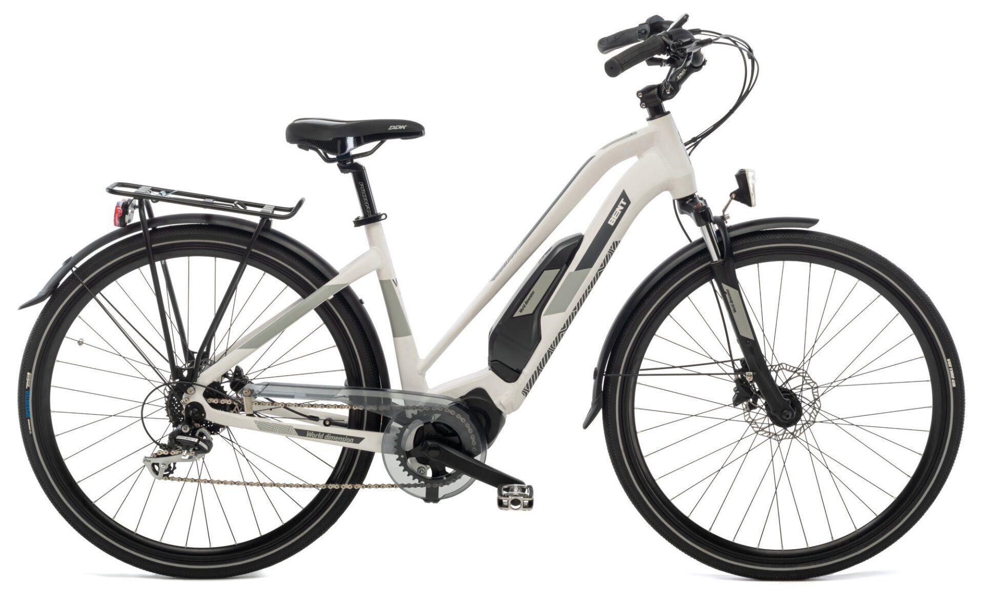 Una bicicletta elettrica bianca con una batteria attaccata alla ruota anteriore su uno sfondo bianco.