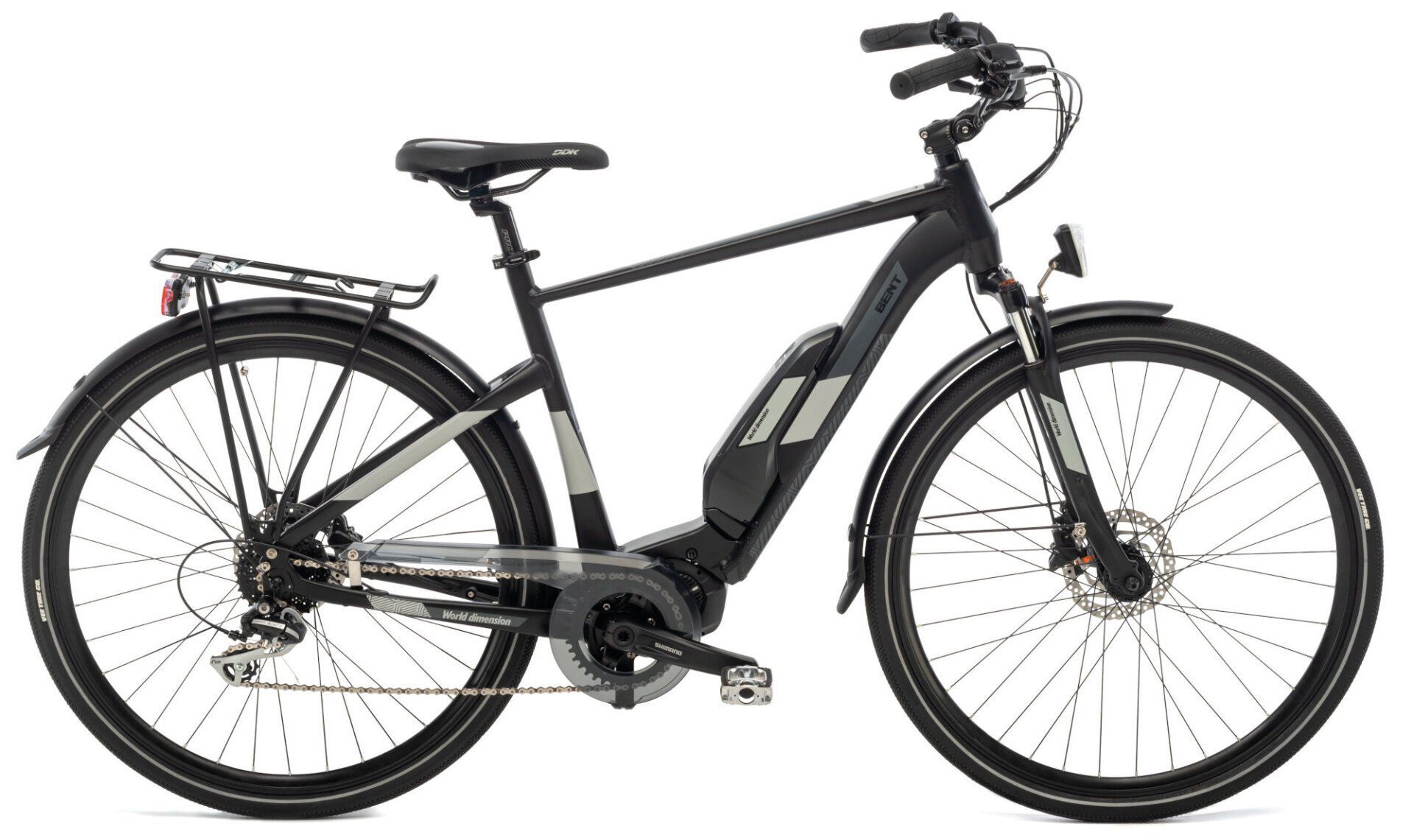 Una bicicletta elettrica nera su sfondo bianco.