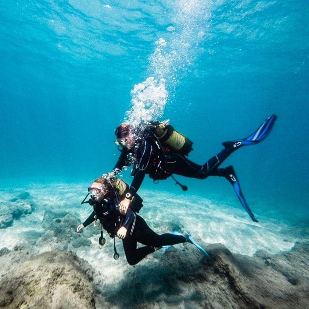 Ein paar Taucher schwimmen im Meer.