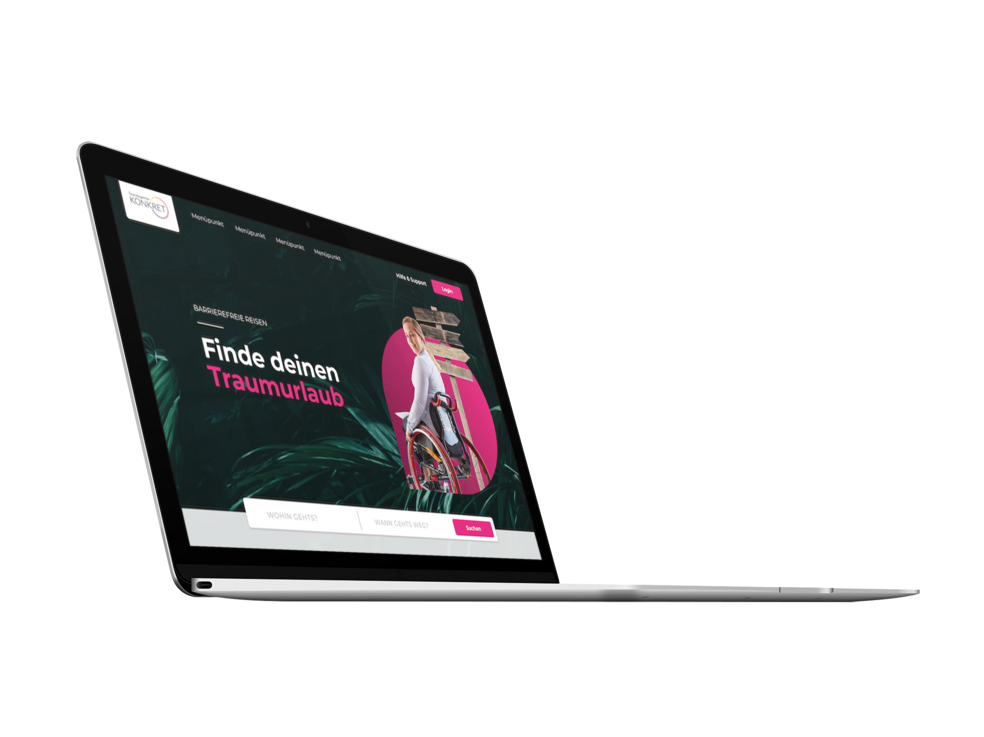 Auf einem Laptop ist das Reiseportal der Sozialagentur Konkret Gmbh geöffnet.