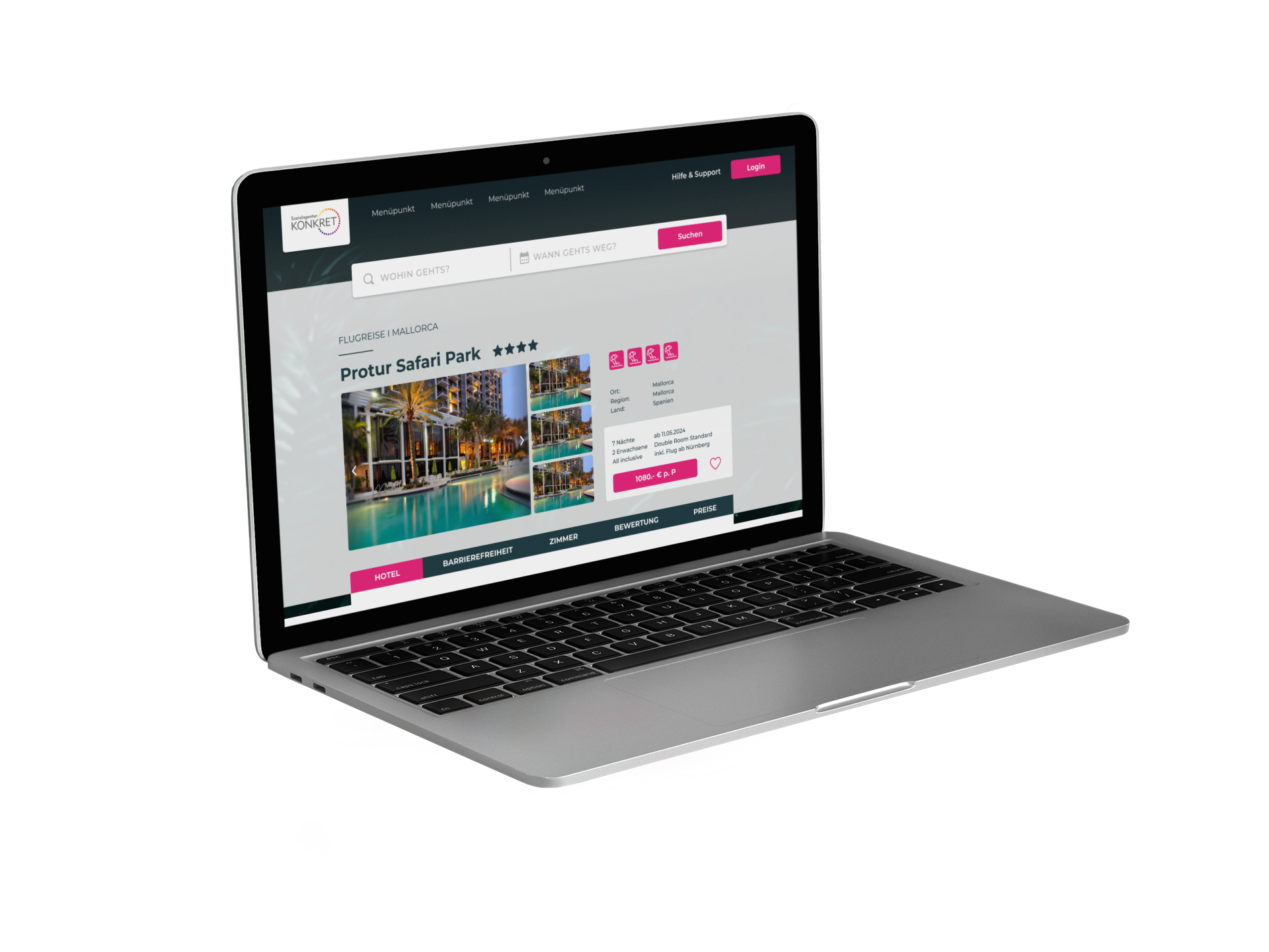 Auf einem Laptop ist das Reiseportal der Sozialagentur Konkret Gmbh geöffnet.