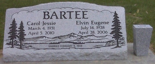 Gravestone with BARTEE name and birth/death dates for Carol Jessie and Elvin Eugene.