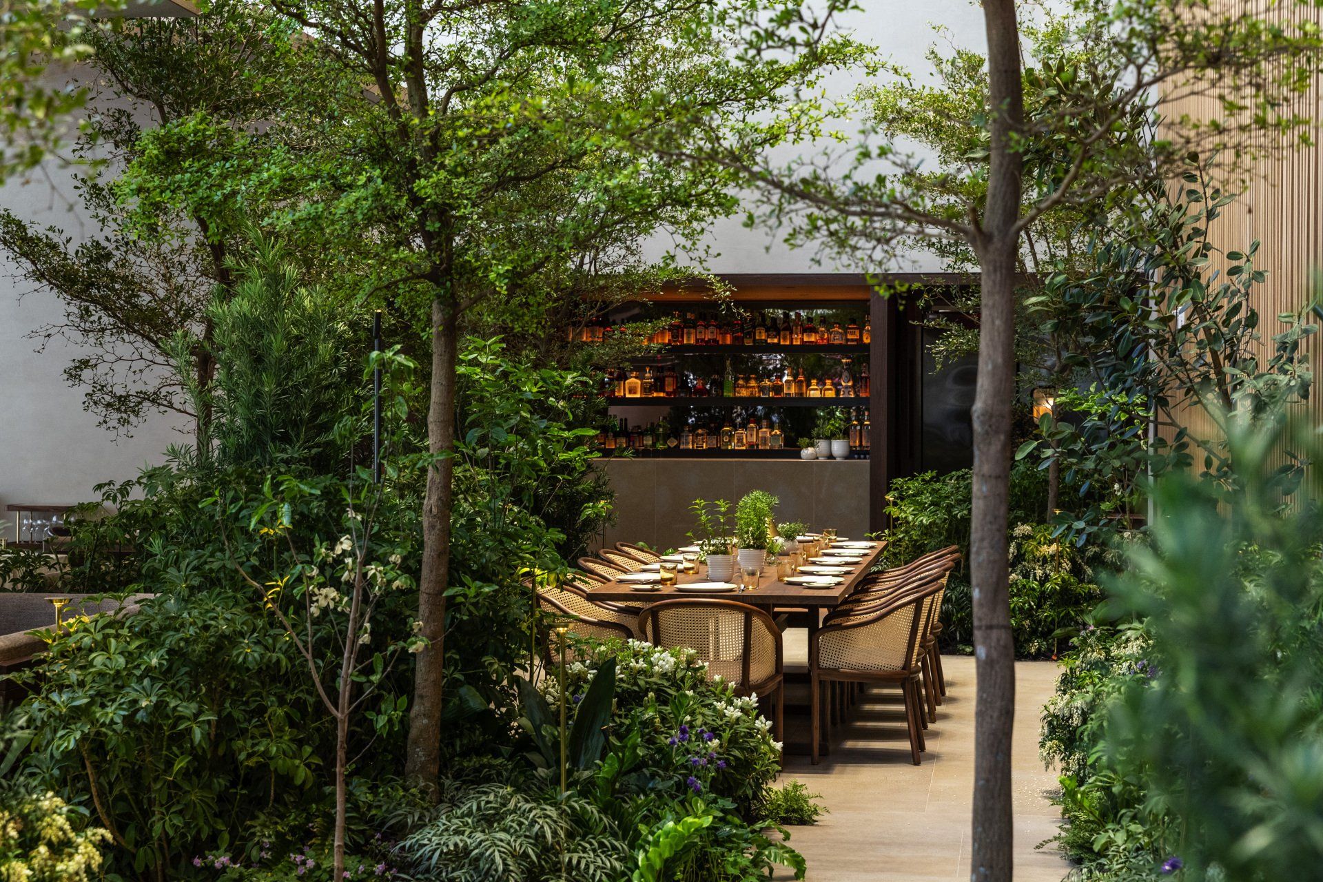 There is a table and chairs in the middle of a garden surrounded by trees.