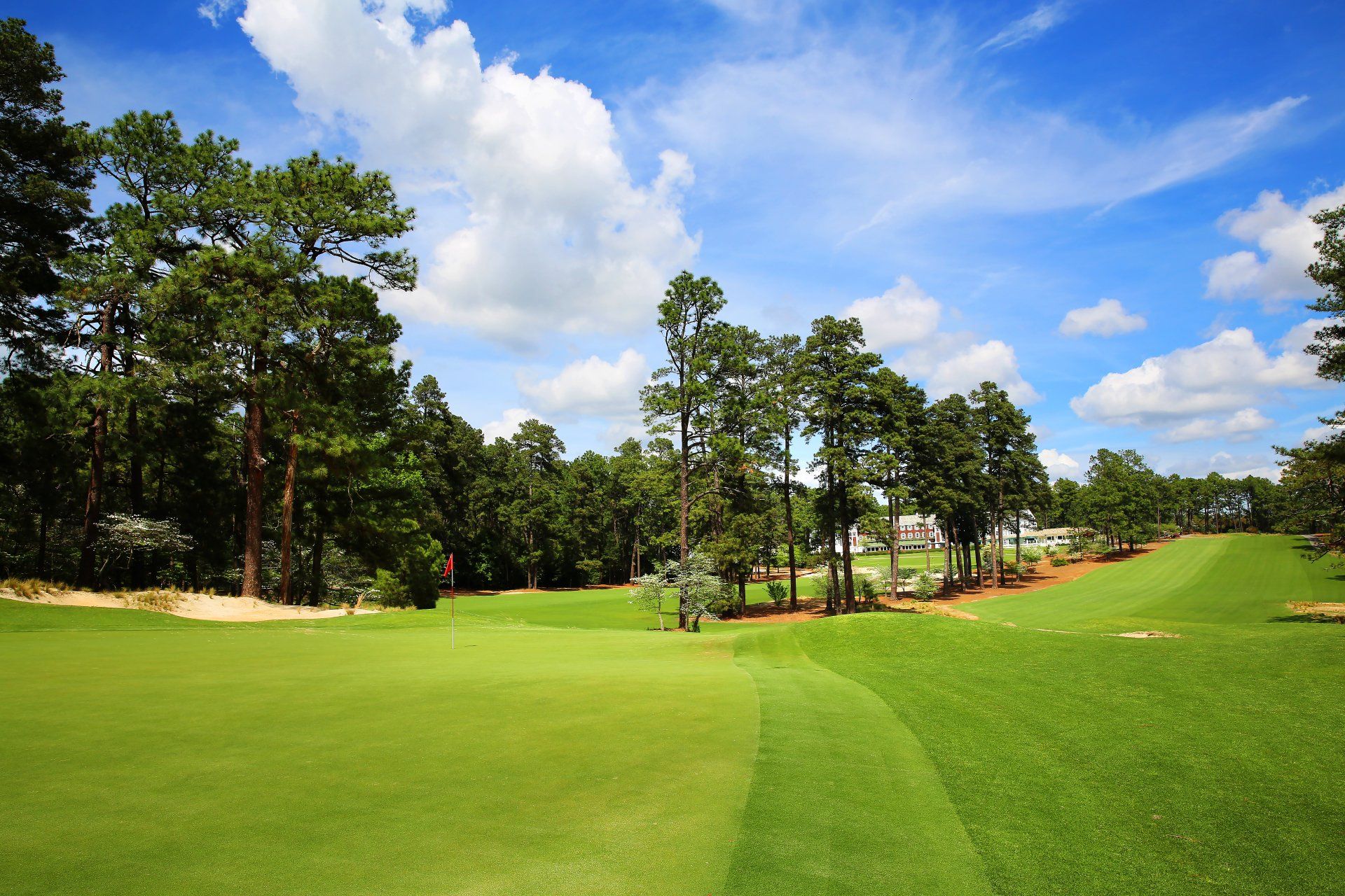 A golf course with trees and a blue sky in the background