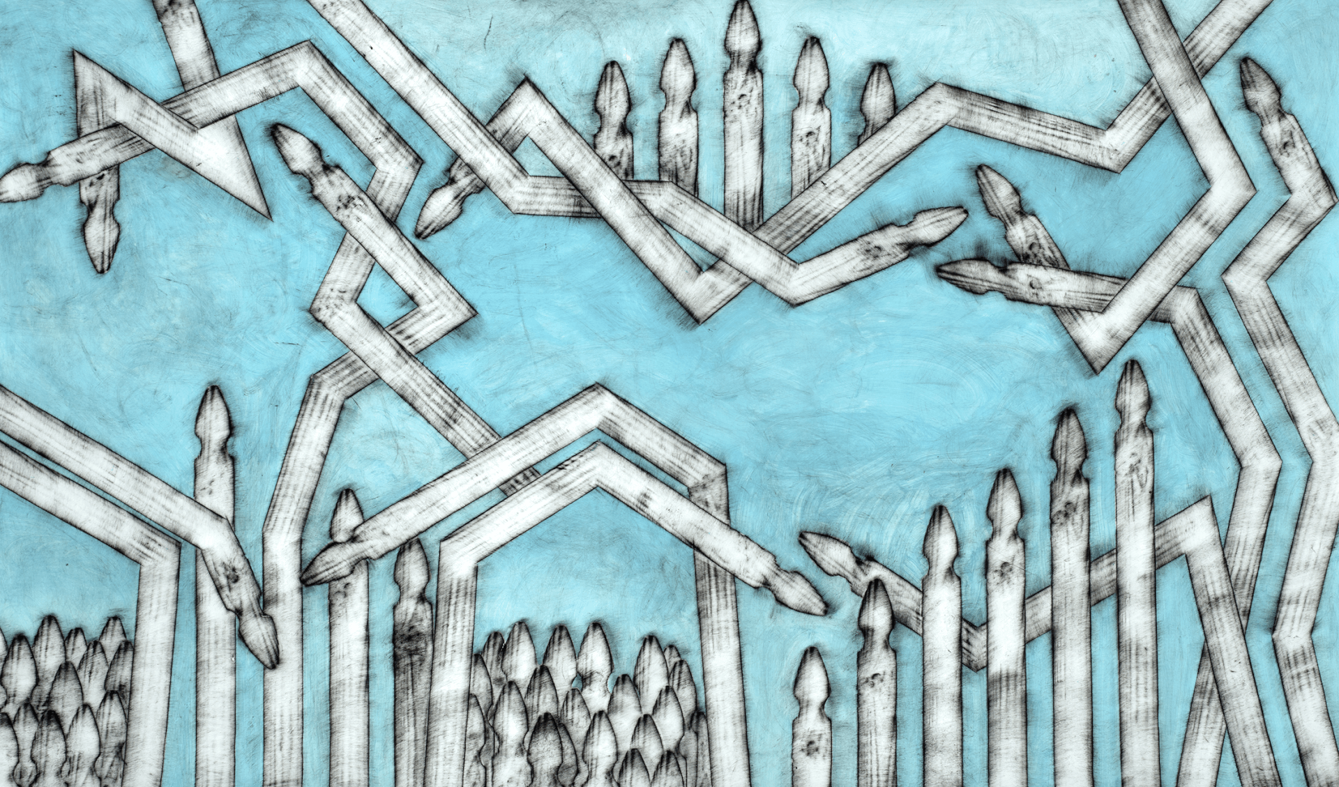 A drawing of a fence with a blue background