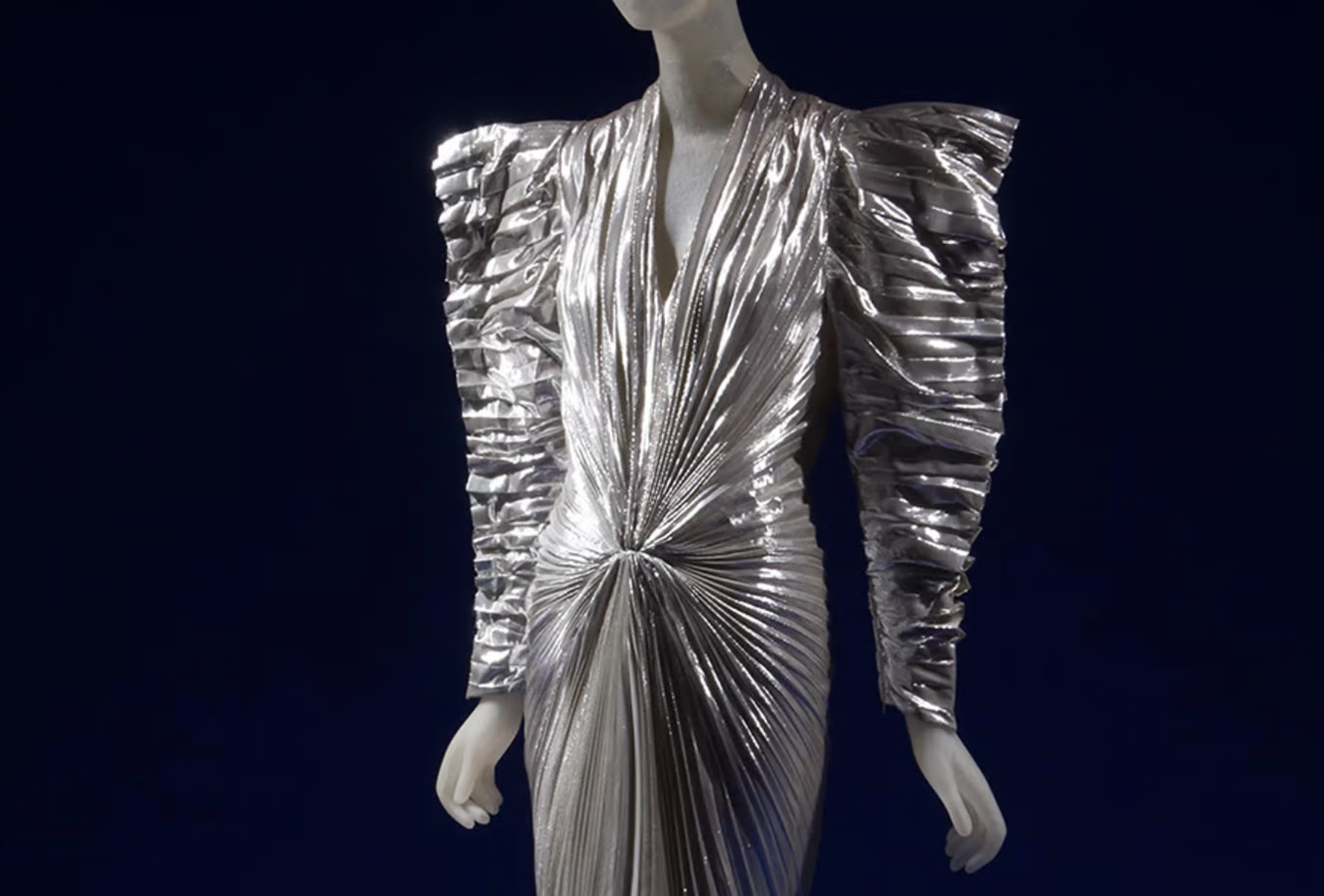 Silver Pleated Dress with Statement Sleeves