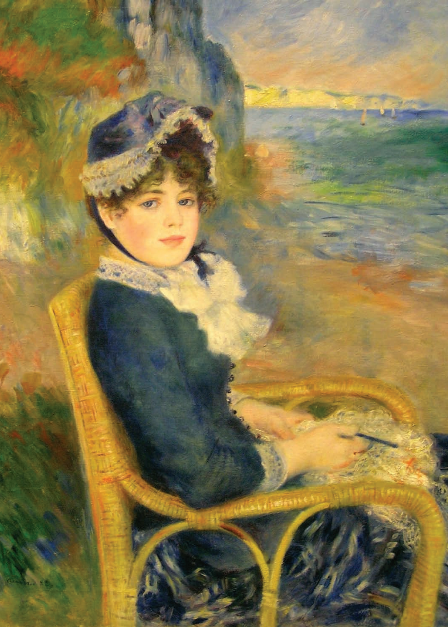 A painting of a woman sitting in a chair by the ocean.