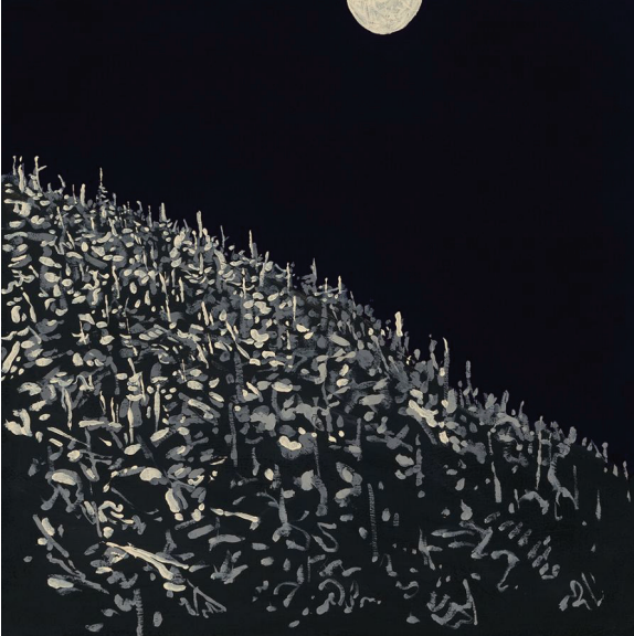 A black and white painting of a full moon