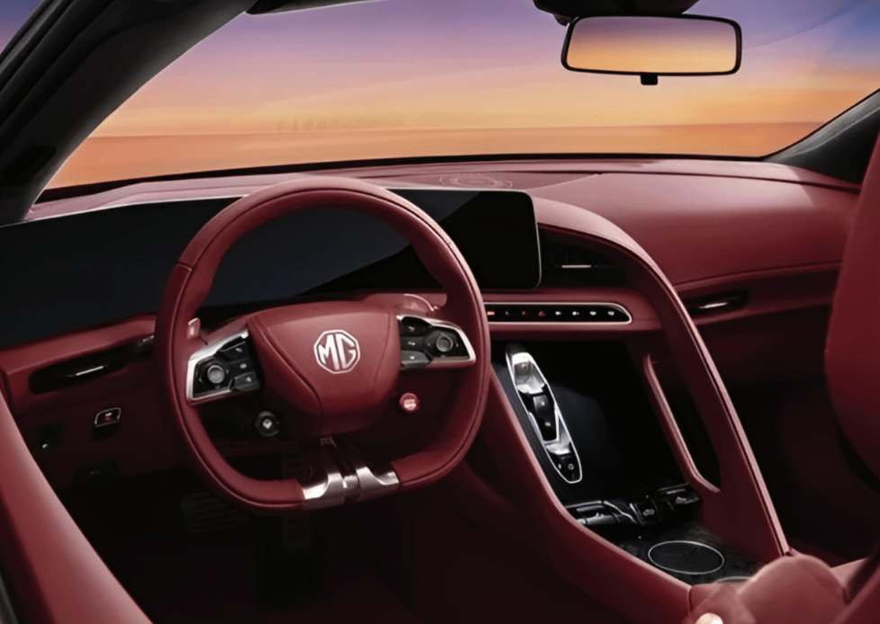 The interior of a car with a red steering wheel