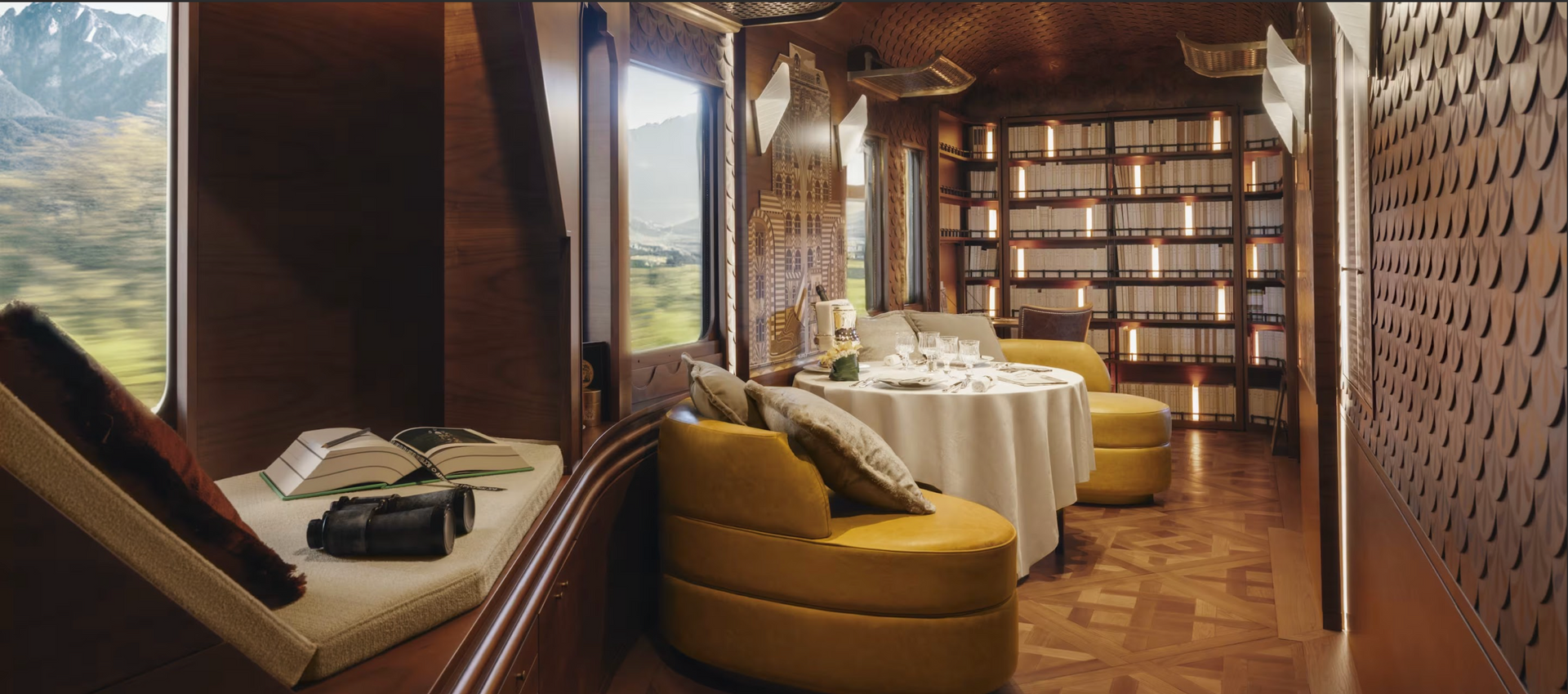 A dining room with a table and chairs on a train.