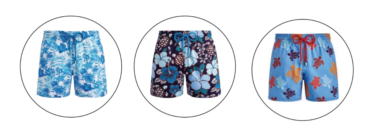 Three different pairs of swim trunks are shown in circles on a white background.