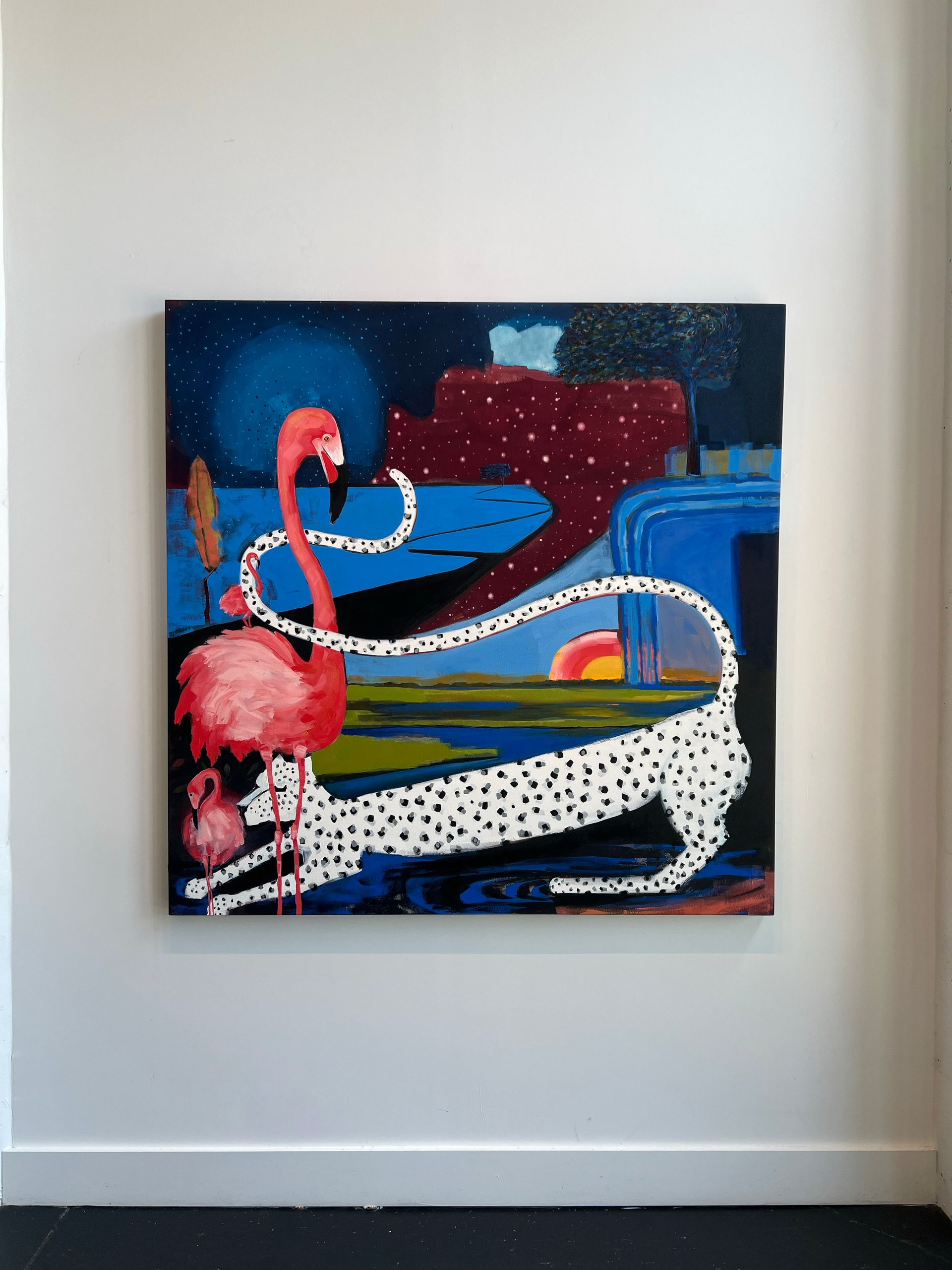 A painting of a flamingo and a dalmatian on a wall