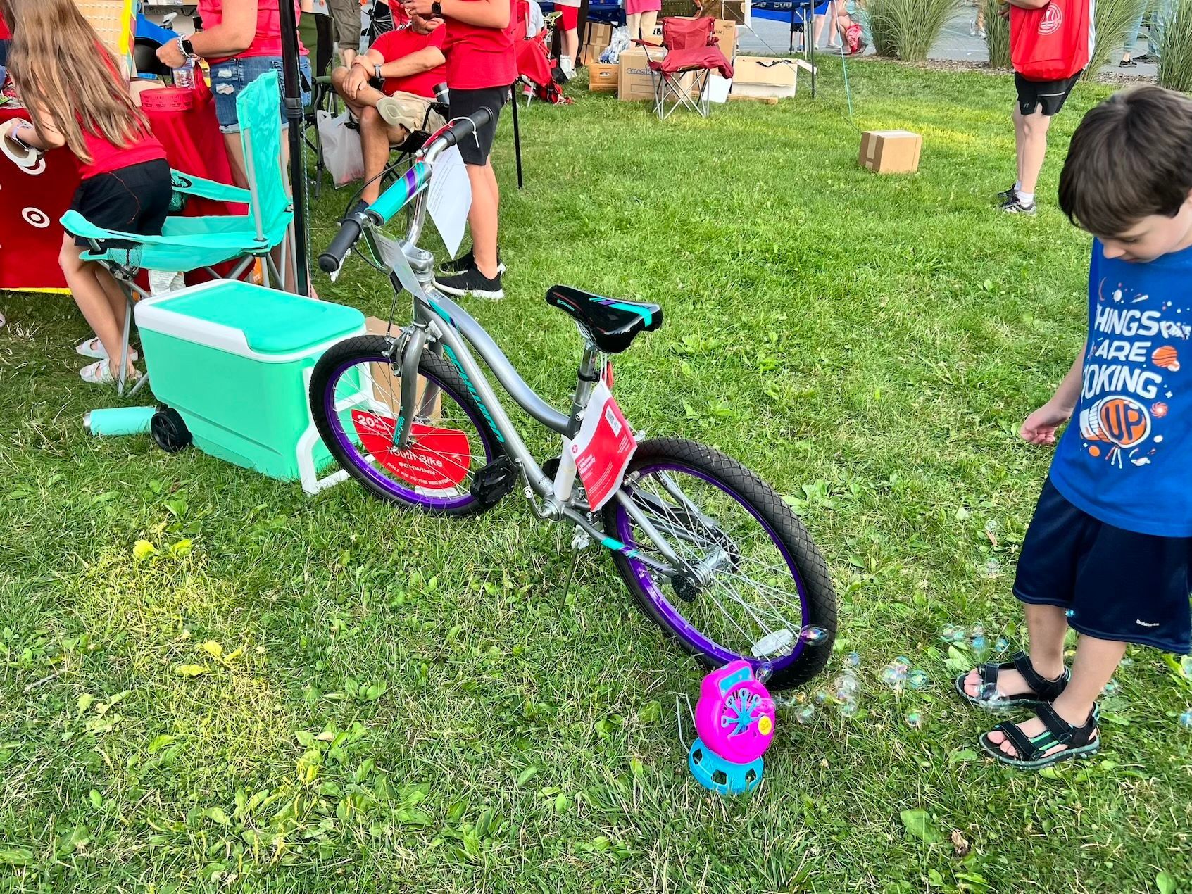 A boy is standing next to a bicycle in the grass.