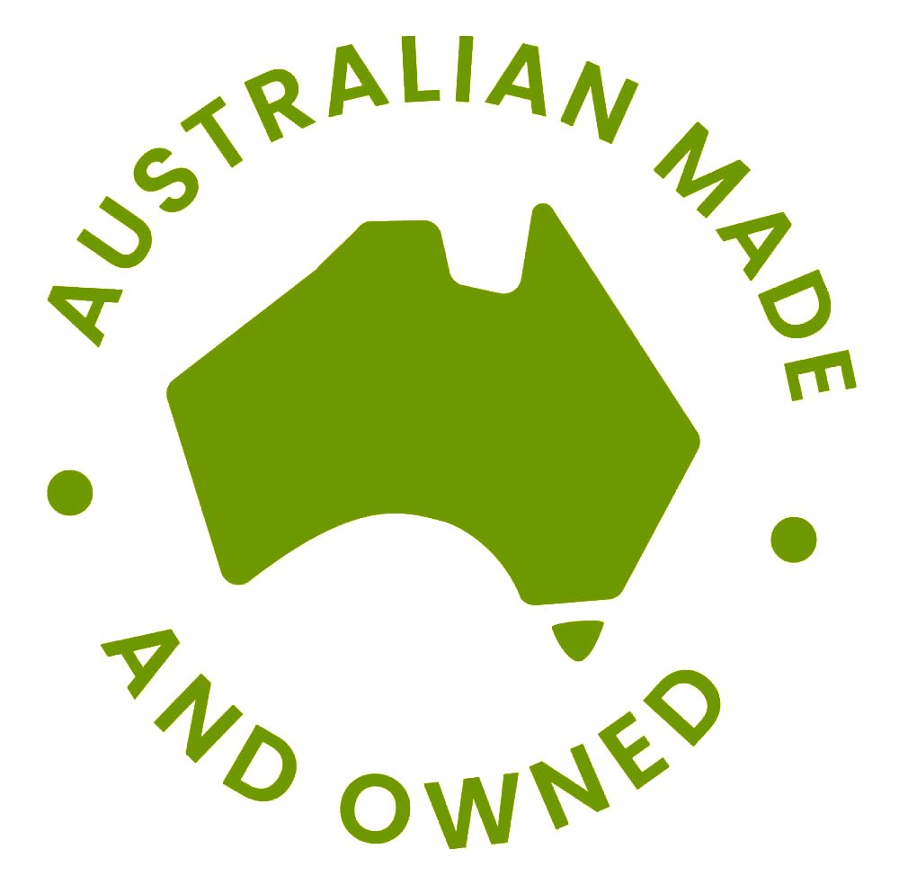 A green australian made and owned logo with a map of australia.