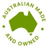 A green australian made and owned logo with a map of australia.