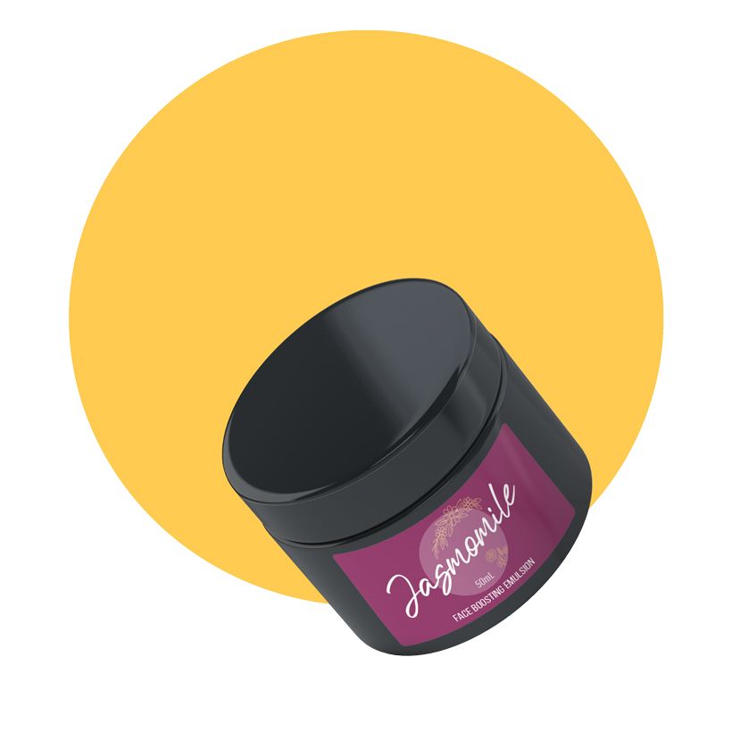 A black jar with a purple label on it is sitting on a yellow circle.