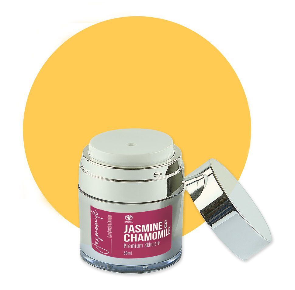 A black jar with a purple label on it is sitting on a yellow circle.