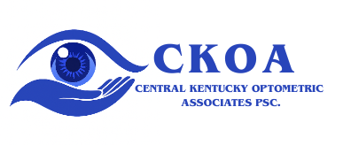Logo for Central Kentucky Optometric Associates, with a blue eye and open hand design.