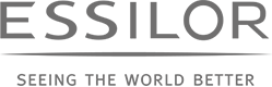 Essilor logo: gray text above a gray line, below which is the text "Seeing the World Better".