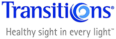"Transitions" logo with a blue design and the words "Healthy sight in every light."