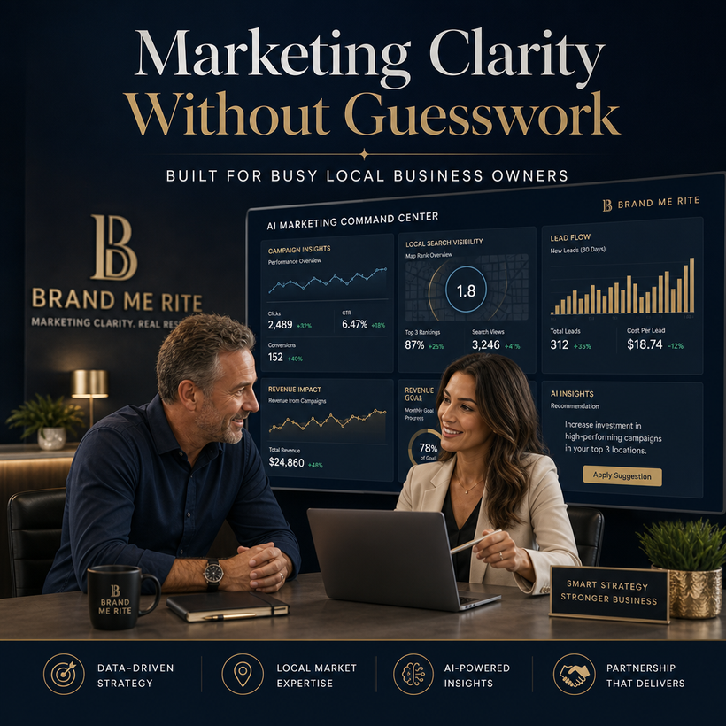 Local business owner meeting with a marketing strategist while an AI dashboard shows campaign insights, lead flow, local search visibility, and revenue goals.