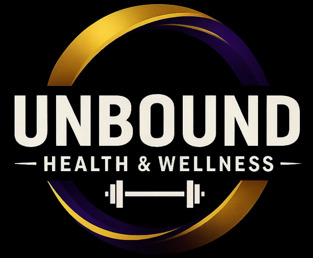 Logo for "Unbound Health & Wellness." Gold and purple circle surrounds white text and dumbbell icon.